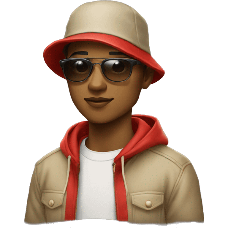 Young man wearing sunglasses, red bucket hat, beige hoodie, with messenger bag emoji