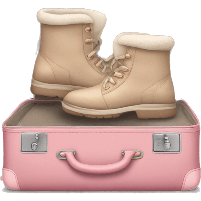 Opened rosa suitcase Gilles with Uggs, beige and rosa pullovers emoji