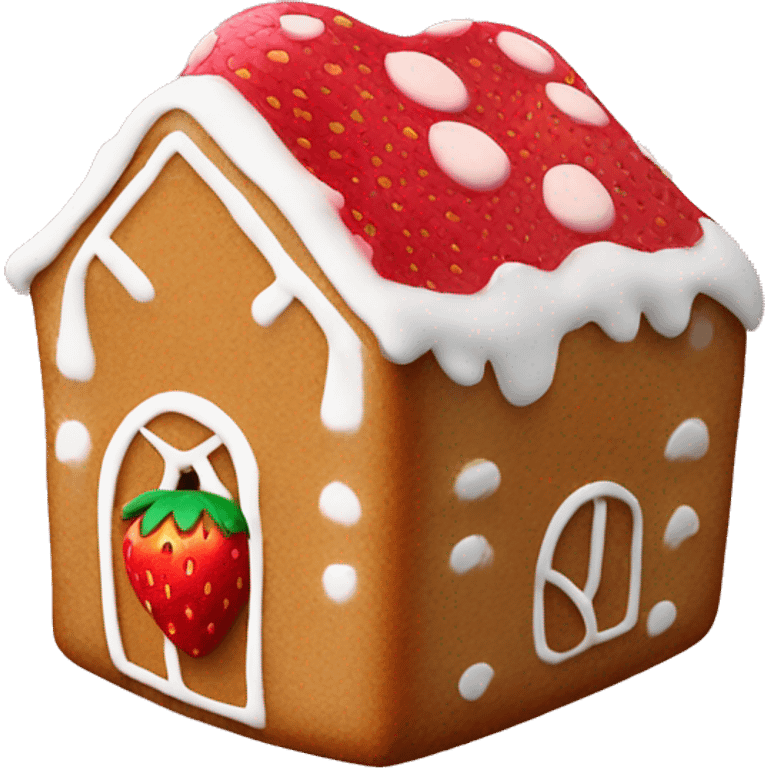 Checker strawberry with a gingerbread house behind it emoji