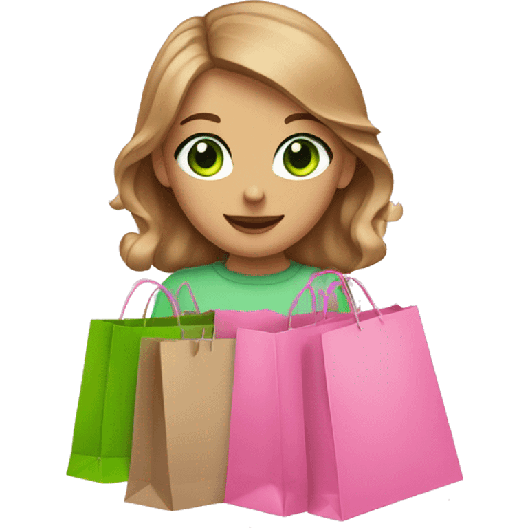 cute light brown hair with green eyes wearing pink surrounded by pink shopping bags emoji