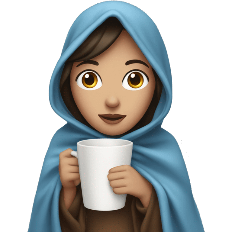 brunette with blue eyes in a blanket with a cup in her hands emoji