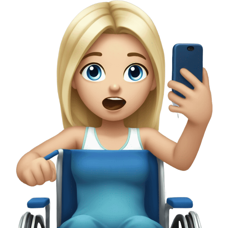 Screaming white girl with blonde hair and blue eyes in wheel chair taking selfies with iPhone emoji