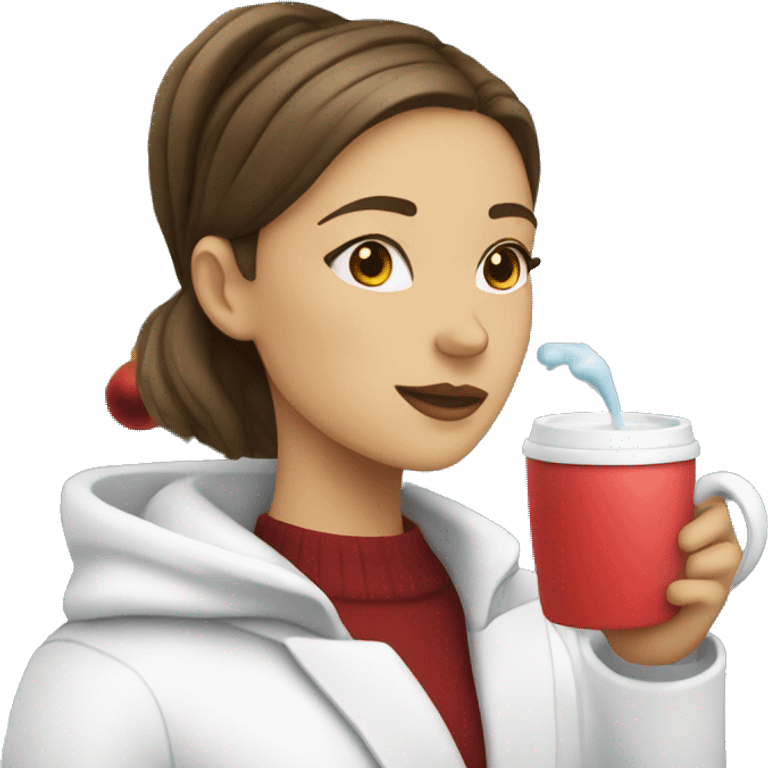 Girl with a white Coat that is drinking hotchocolate next to a Christmas Tree emoji