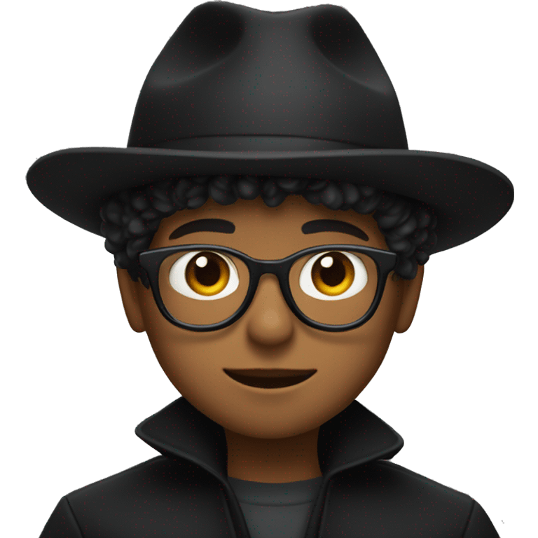 A boy with a wide-brimmed black hat, optical glasses, and a black coat emoji