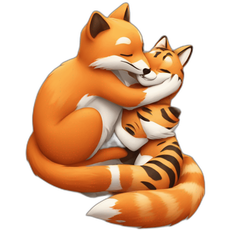 little fox hugging a little tiger emoji