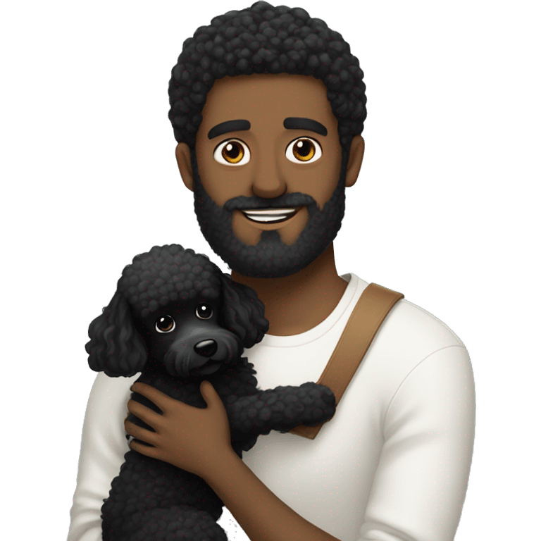 Black-haired and white guy with beard hugs black poodle dog  emoji