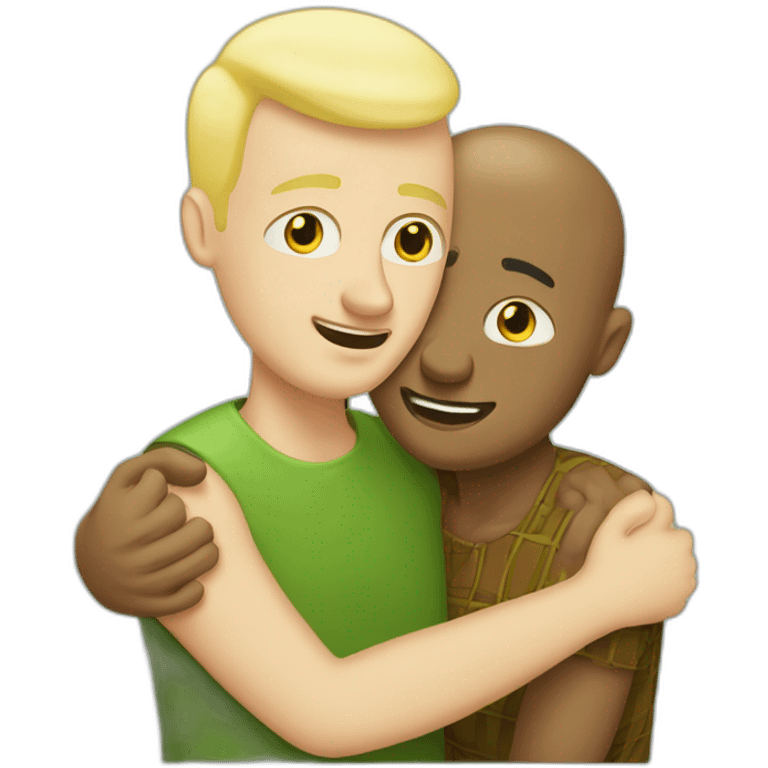 Hungarian 50s blond bald man hugs African bald 50s man emoji