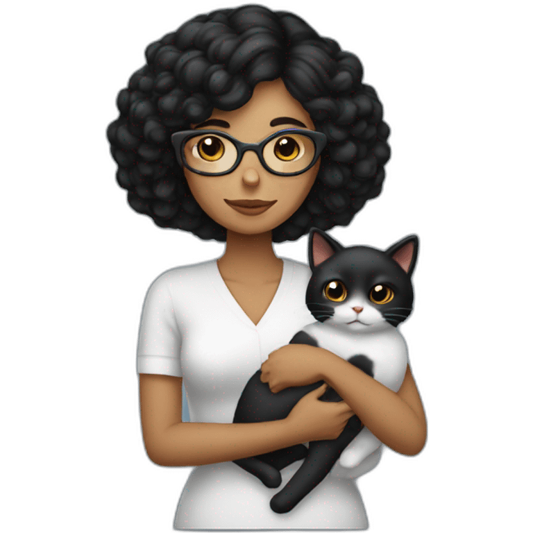 A black hair lady, wearing eyeglass,holding a Sleep cat emoji