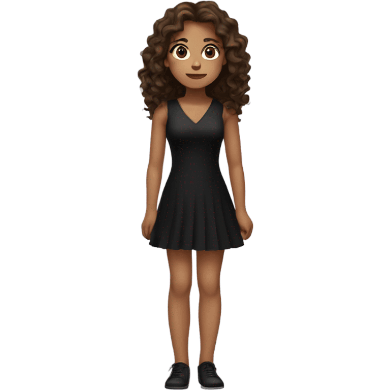 a girl with brown eyes and brown long wavy hair sitting in a black short dress  emoji