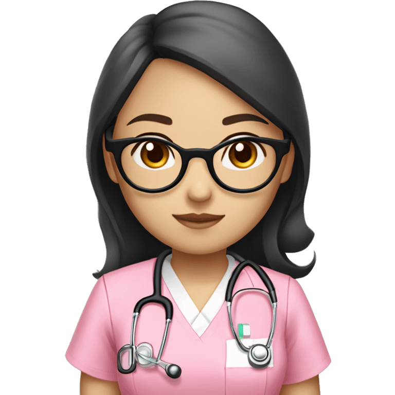 Asian girl (beige white skin tone) with round glasses, hair bang and wavy long black hair , wearing a pink nurse uniform (scrub) with a stethoscope emoji