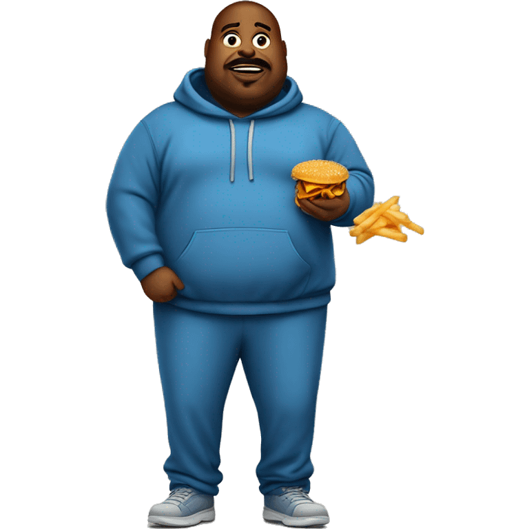 fat man in dirty blue sweatsuit with chili cheese fries in his mouth emoji