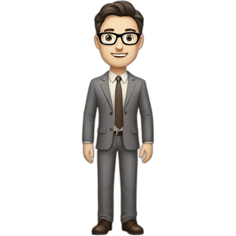 Full height Pale skinned Fit Man With dark brown hair in classic gray suit, beige office shirt, dark gray tie, and vintage glasses. His hands lock emoji