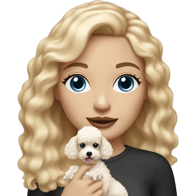 woman with  blonde hair and blue eyes is holding a cream poodle  emoji