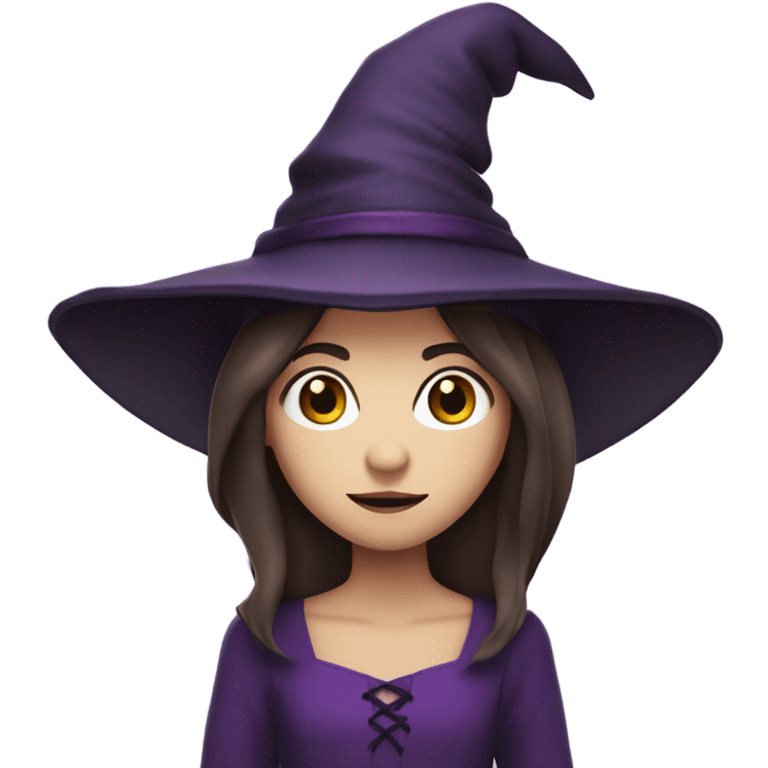 a young white thin girl with straight brown hair and dark eyes dressed as a witch with purple hat emoji