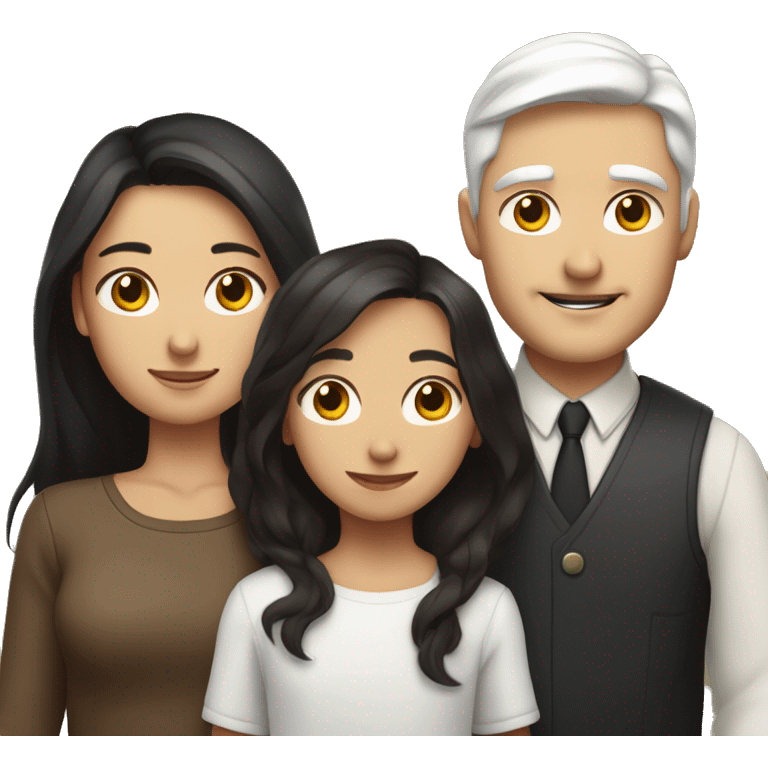  a woman with long brown hair, a man with white hair and a round face, and a young girl with long black hair standing between them, representing a family unit emoji