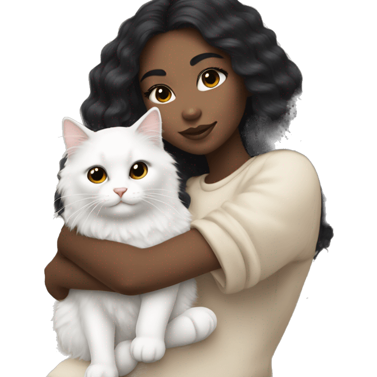 Emoji girl with beautiful makeup, light skin, long black hair, holding and cuddling a white fluffy cat emoji