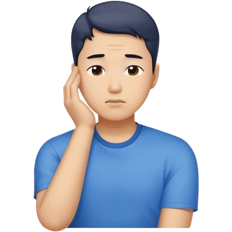 A worried Korean man in a blue shirt, resting his head on one hand. Emoji-style digital illustration with a plain white background  emoji