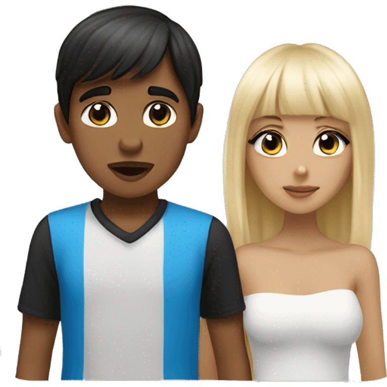 Tan skin girl with black hair and bangs, white skin boy with blonde hair and blue eyes, kissing emoji