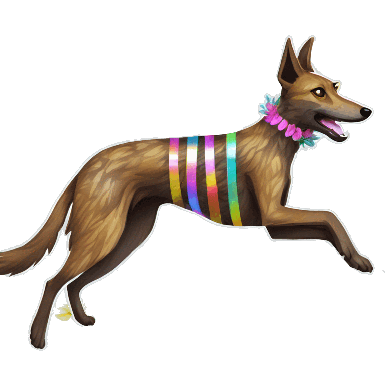  brindle brown black maroon striped lurcher Alsatian fox running blue eyes and iridescent holographic oilslick harness wearing paper iridescent tropical flower crown yellow caution tape emoji