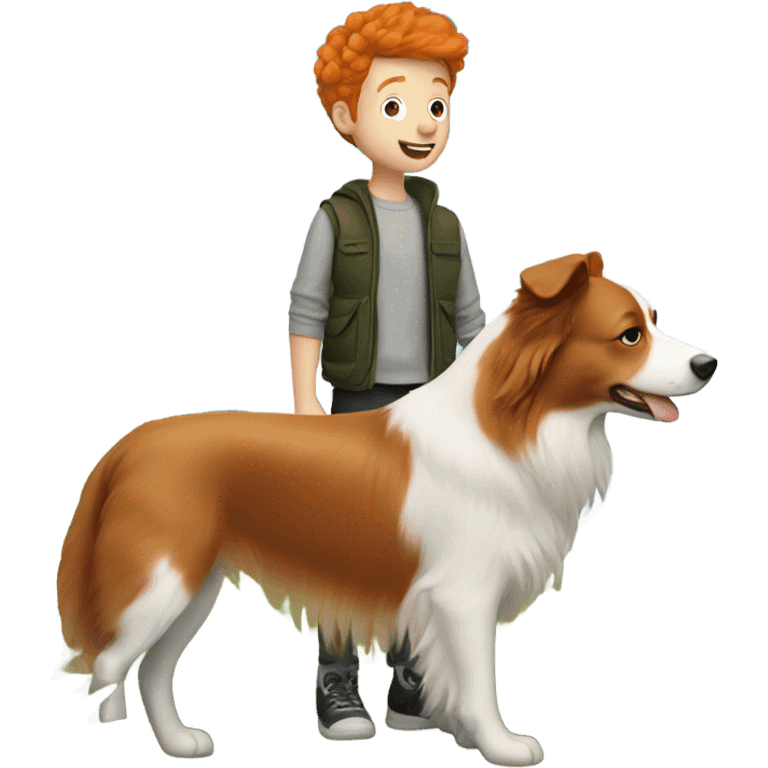 Ginger boy with ginger border collie dog in nature emoji