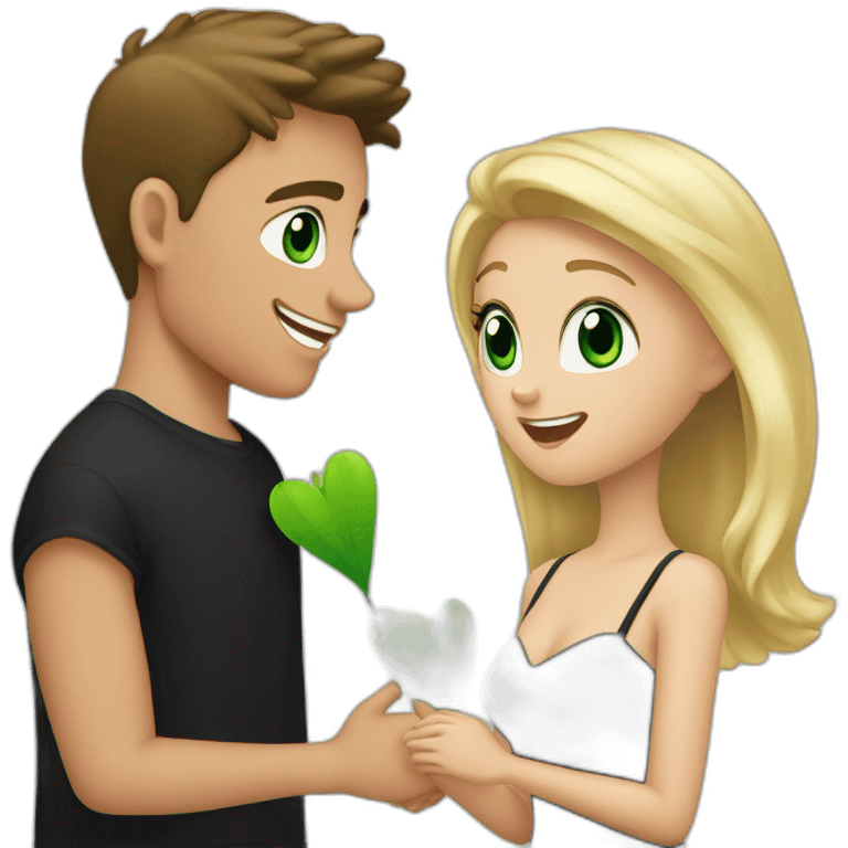 Brunette boy proposing to a blonde girl with green eyes and in black mini dress emoji