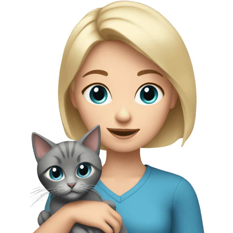 Short Blonde hair blue eyes girl holding two gray cats emoji