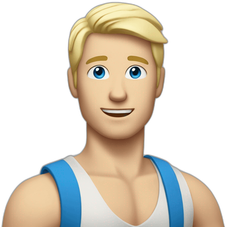 white blonde man with blue eyes and tanktop points his hand upwards emoji