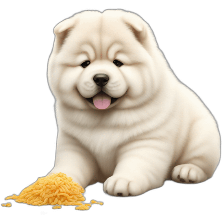 Chow chow white pup,eating a food,young cute,furry shiny dog cute, realistic, young,sitting on floor, beautiful picture, 4k, 16k emoji