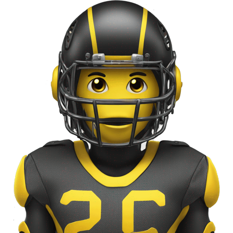 Black and yellow cyborg head with football helmet, face mask and circuits emoji