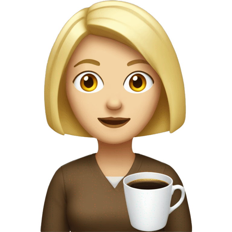 white woman with blonde bob parted in the middle, with a cup of coffee and a light bulb emoji