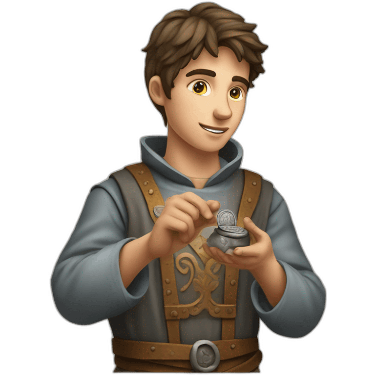 young coin engraver apprentice yielding a coin, medieval age emoji