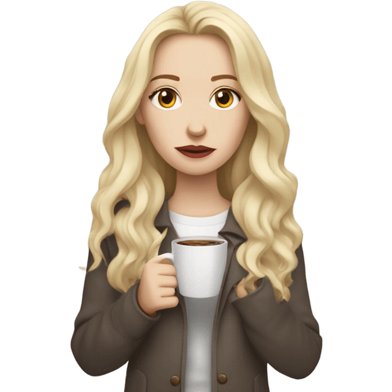 Woman, white skin, pale skin, long hair, blonde hair, wavy hair, bags under eyes, tired expression, holding cup of coffee emoji