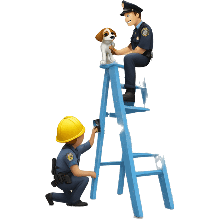 A child on a ladder who is painting on a wall, while a police officer and its dog is staring from the ground to the child, there is also a camera pointed towards the child  emoji