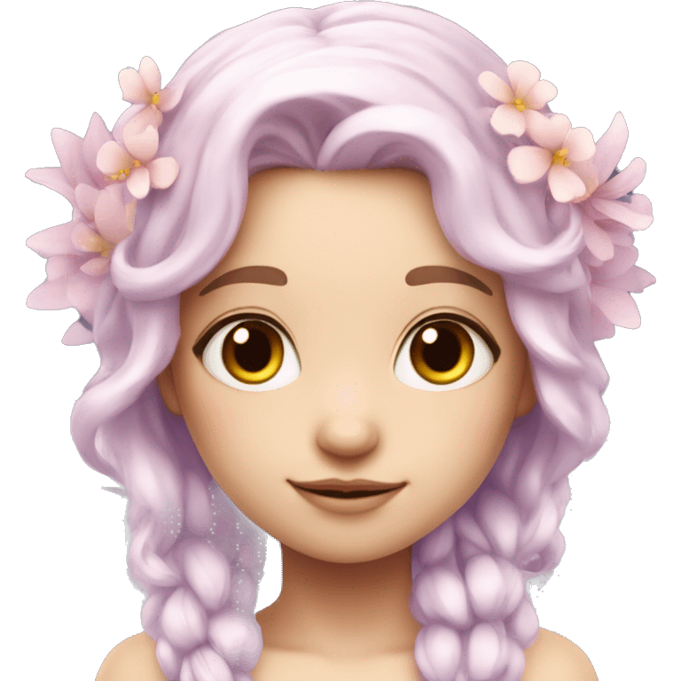 Beautiful, flower fairy, white long, light pink hair, big wings, fair skin, light violet eyes  emoji