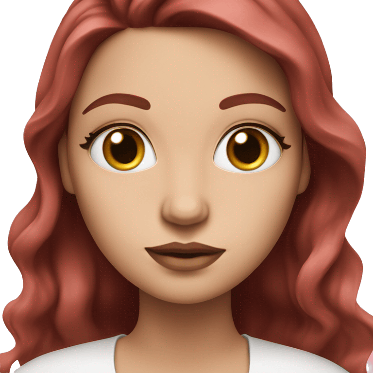 Woman with a white skin that has wavy Long Dark red hair and brown eyes with an eyeliner and lashes coding on a pink macbook emoji