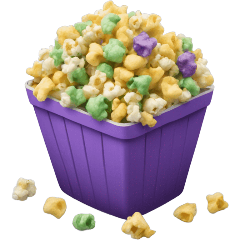 Realistic pieces of purple yellow and green popcorn pieces mixed together in a popcorn container.  emoji