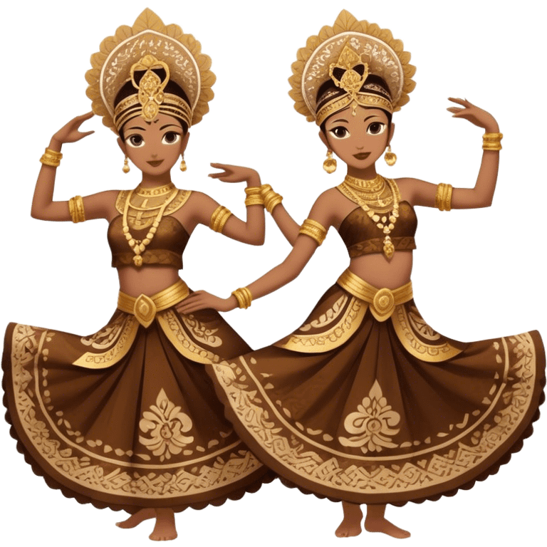 ​Cinematic Realistic Traditional Javanese Dancers, depicted as two graceful dancers in ornate traditional costumes with intricate batik patterns and elaborate headpieces, captured in dynamic poses during a ritual dance in an ancient temple courtyard, rendered with soft golden lighting and rich cultural textures, emoji