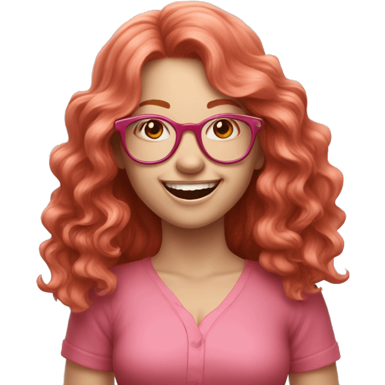 Pale, Long Wavy haired red head, girl with pink circular glasses glasses laughing and pointing emoji