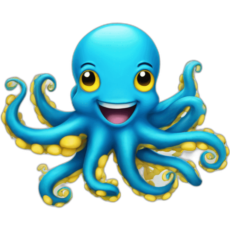 A blue cute octopus with a big smile with yellow under arms, blue coloured itself emoji