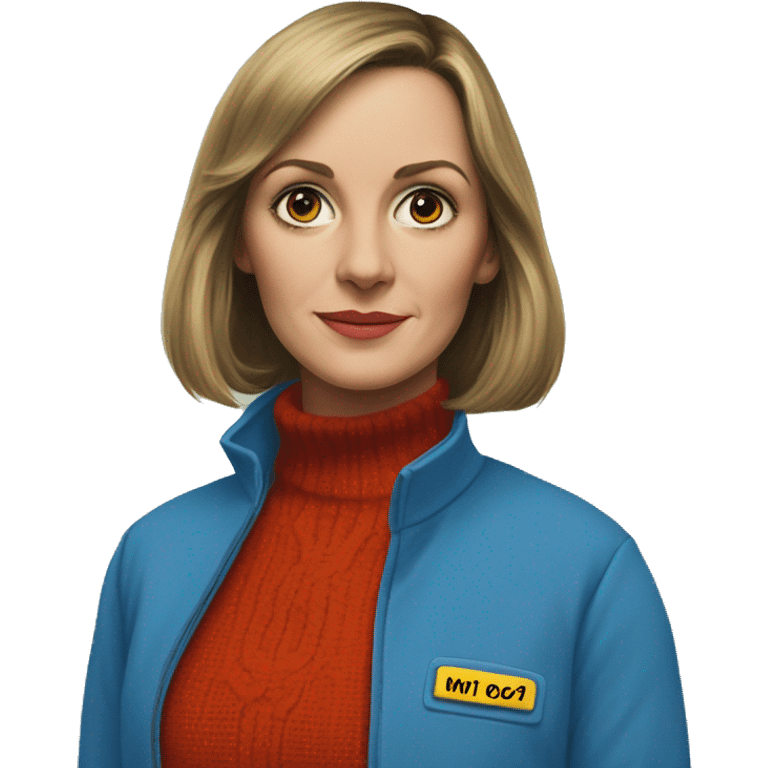 Shelly duval from the shining but I’m a blue mechanic suit and a colorful turtle neck emoji