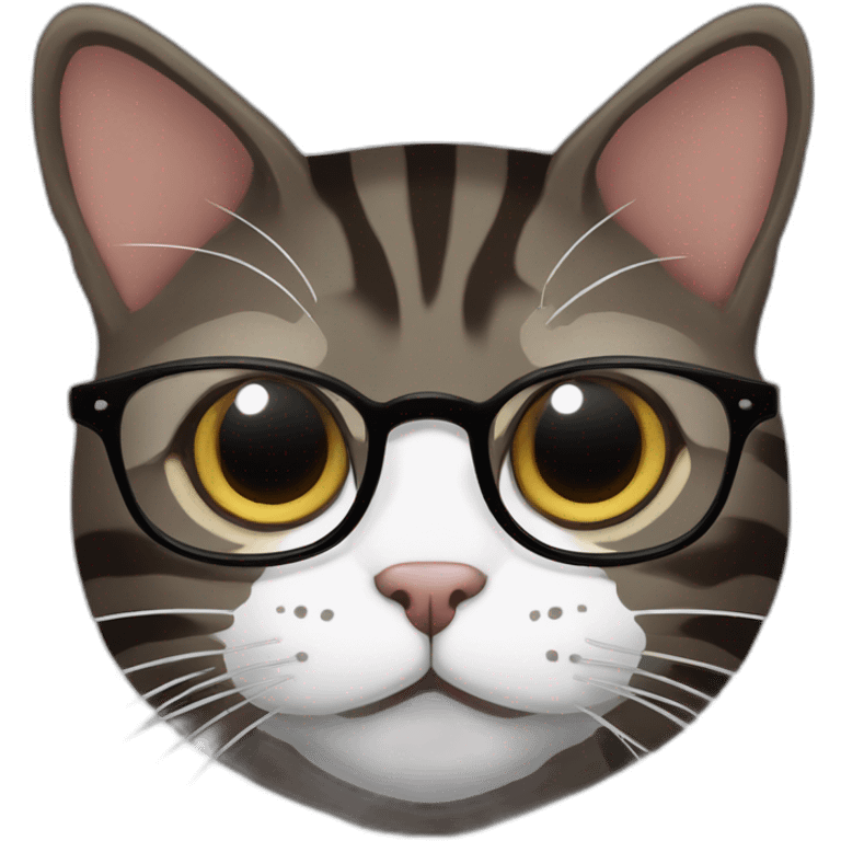 Striped wenge domestic shorthair cat head with white mouth wearing glasses emoji