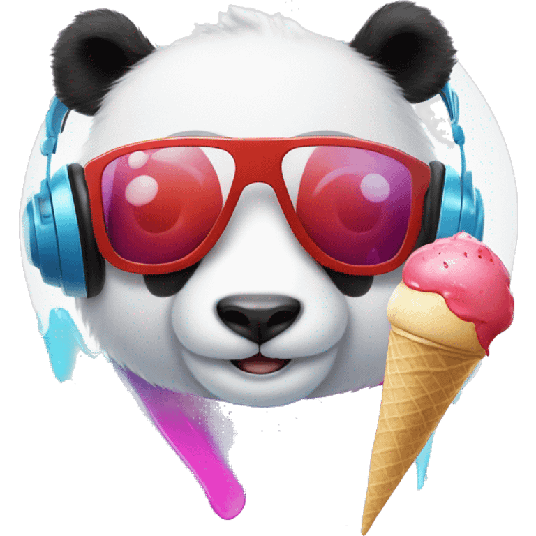 white panda, with red PANDA ears, with red, blue, pink headphones, with one button eye, and an ice cream splater on the headphones. emoji