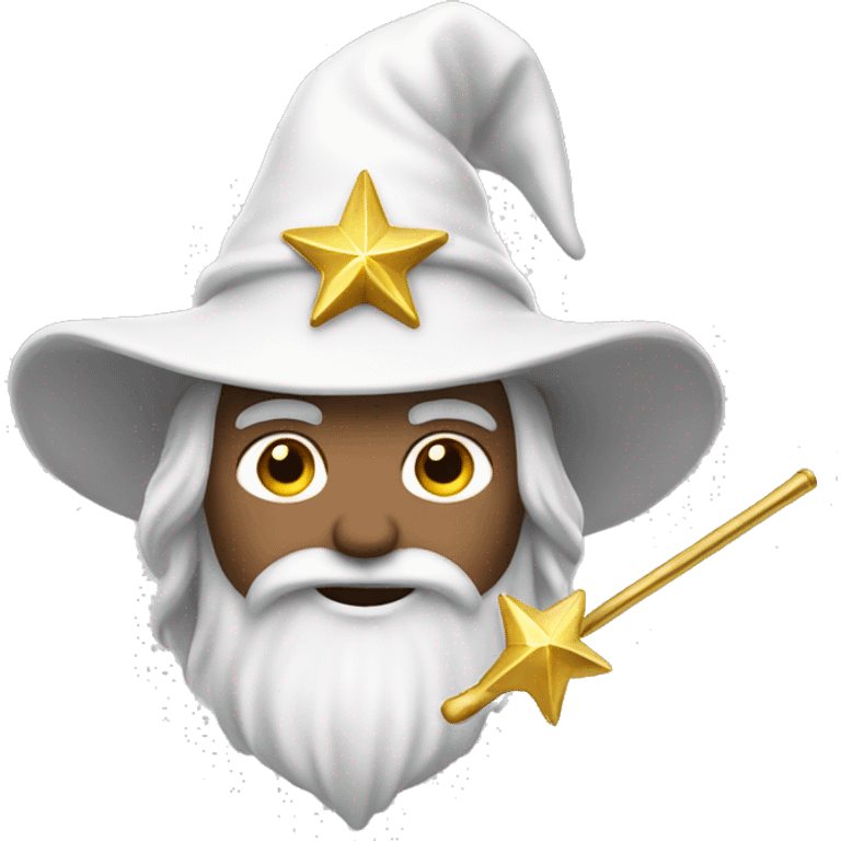 A wizard whose clothes are white and with gold decorations, whose hat is white and whose magic wand has a star at the tip.  emoji