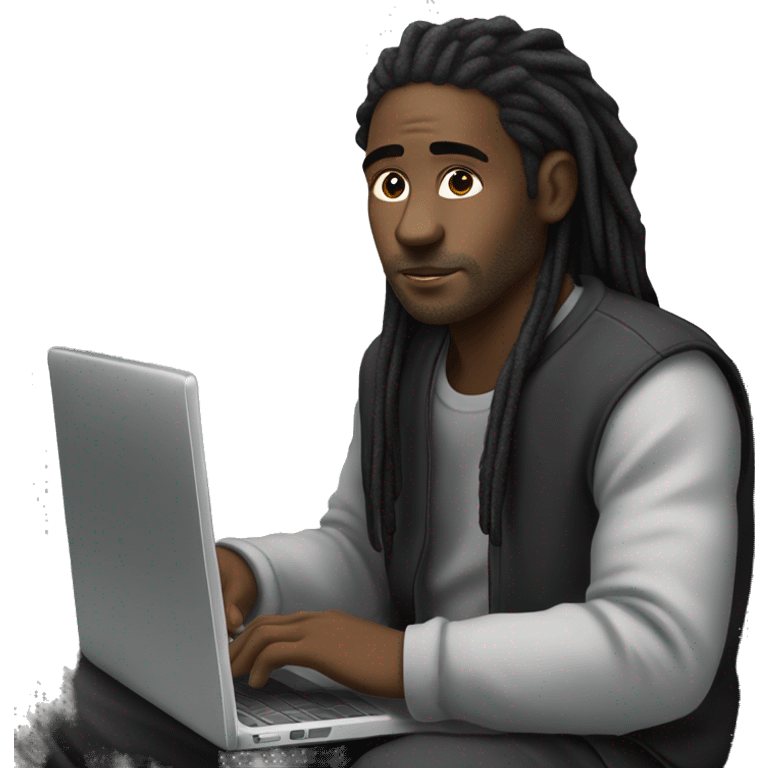 Black-guy-with-dreads-wearing-black-trackstuit-sitting-down-on-chair facing-foward-focused-on-laptop-computer- emoji