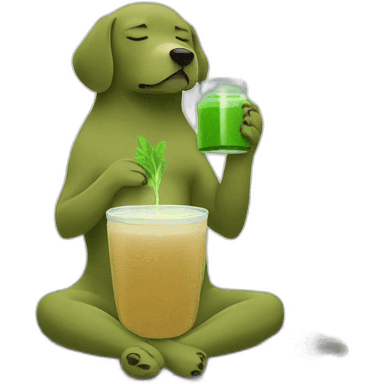 meditating dog drinking green juice with eyes closed in forest emoji