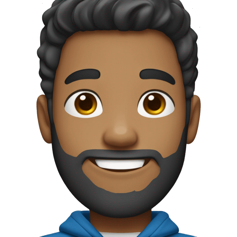 A cheerful young male digital avatar with medium skin, large brown eyes, black medium pompadour hairstyle, beard medium , a bright smile, and a mole on the left cheek, wearing a blue hoodie. emoji