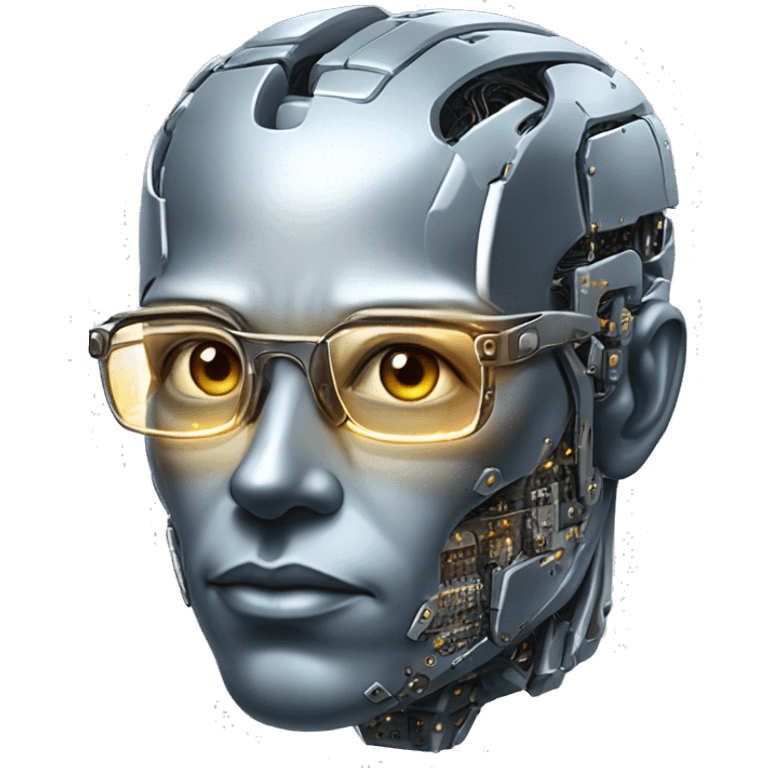 Male cyborg head with metallic skin, flat top, rectangular glasses and circuits emoji