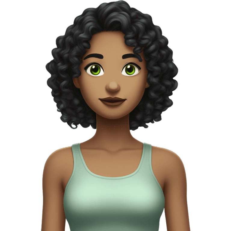 long curly black hair,eyes with a hint of green, eyes positive  canthal tilt ,medium thick shaped eyebrows , and medium thin lips, round face shape, soft jawline, full body, teen, sensual, american emoji