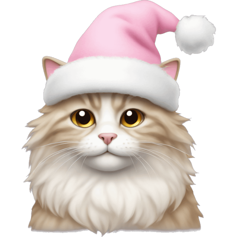 a fluffy cat with a pastel pink santa hat emoji