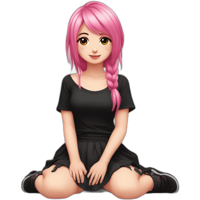 Full body Front view curvy emo girl pink hair sits on the floor straight view hands up black skirt полосатые рваные чулки emoji